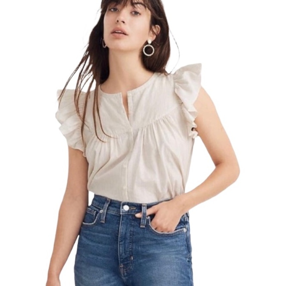 Madewell Flutter Ruffle Sleeve Rainbow Metallic Pinstripe Bib Button Top Size XS